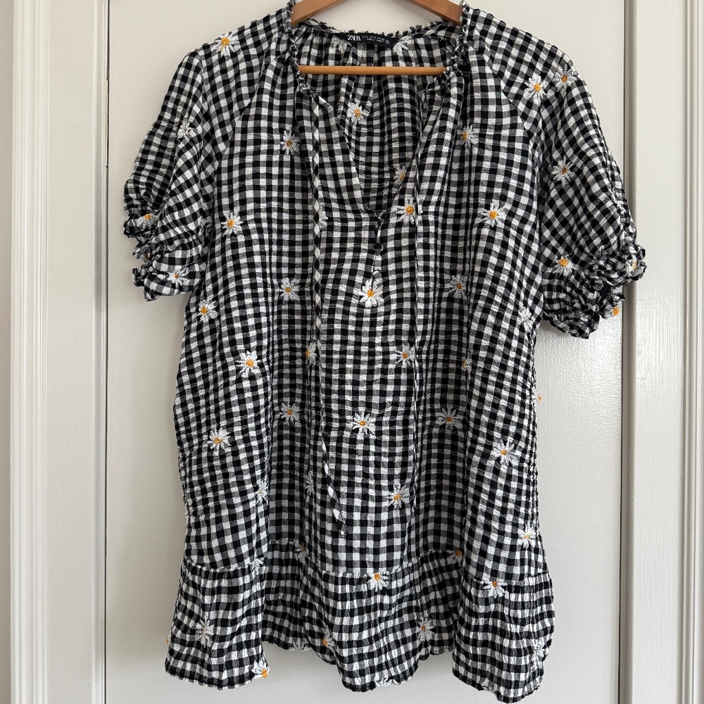 Zara Daisy Embroidered Checkered Tunic Dress with Ties XL - Picture 2 of 8